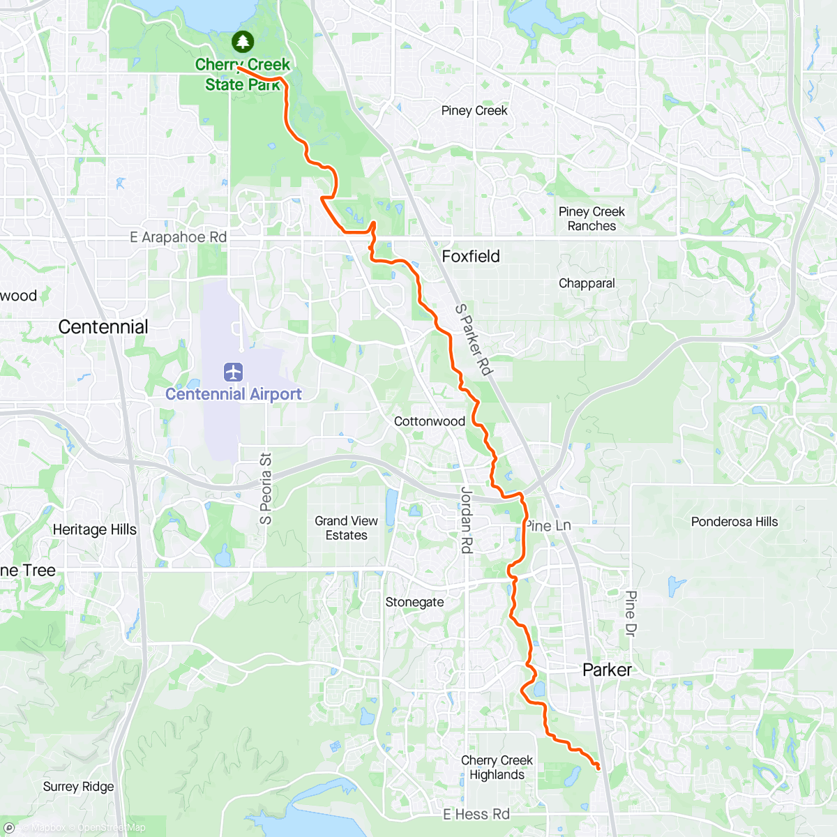 Mappa dell'attività Cherry Creek trail to Cherry Creek state park and back.