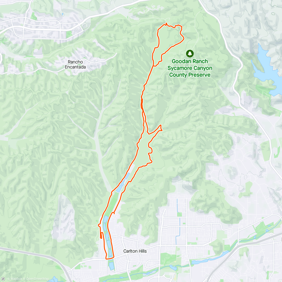 Map of the activity, Santee Lakes to Sycamore Canyon and back