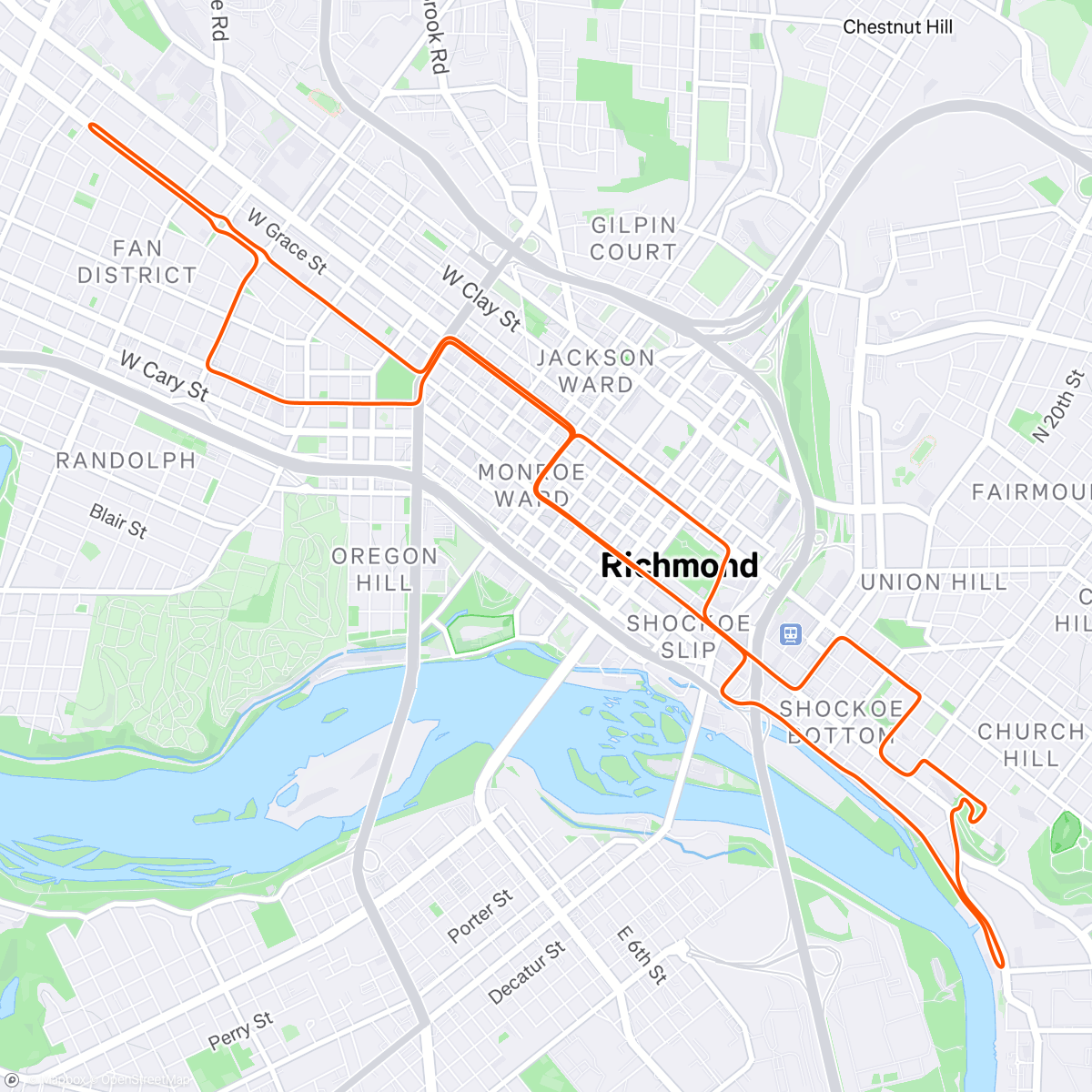 Карта физической активности (Zwift - Nolio - Force / vélocité - 2022 12 19 in Richmond)