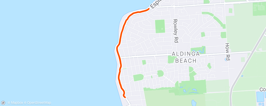 Map of the activity, Aldinga parkrun plus Ollie in pram. Worked hard for 19. Very slow 1st km, weaved from back!!