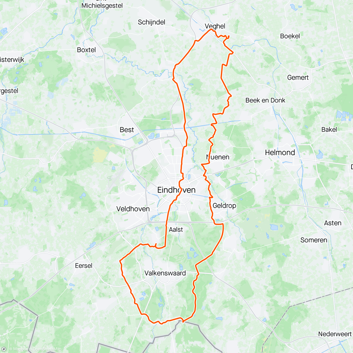 Mapa de la actividad (De Belgische grens + een elektrische snelfietser aangetikt (hij zat fout! 😡🤌🏻🖕🏻). Kon gelukkig wel door.)