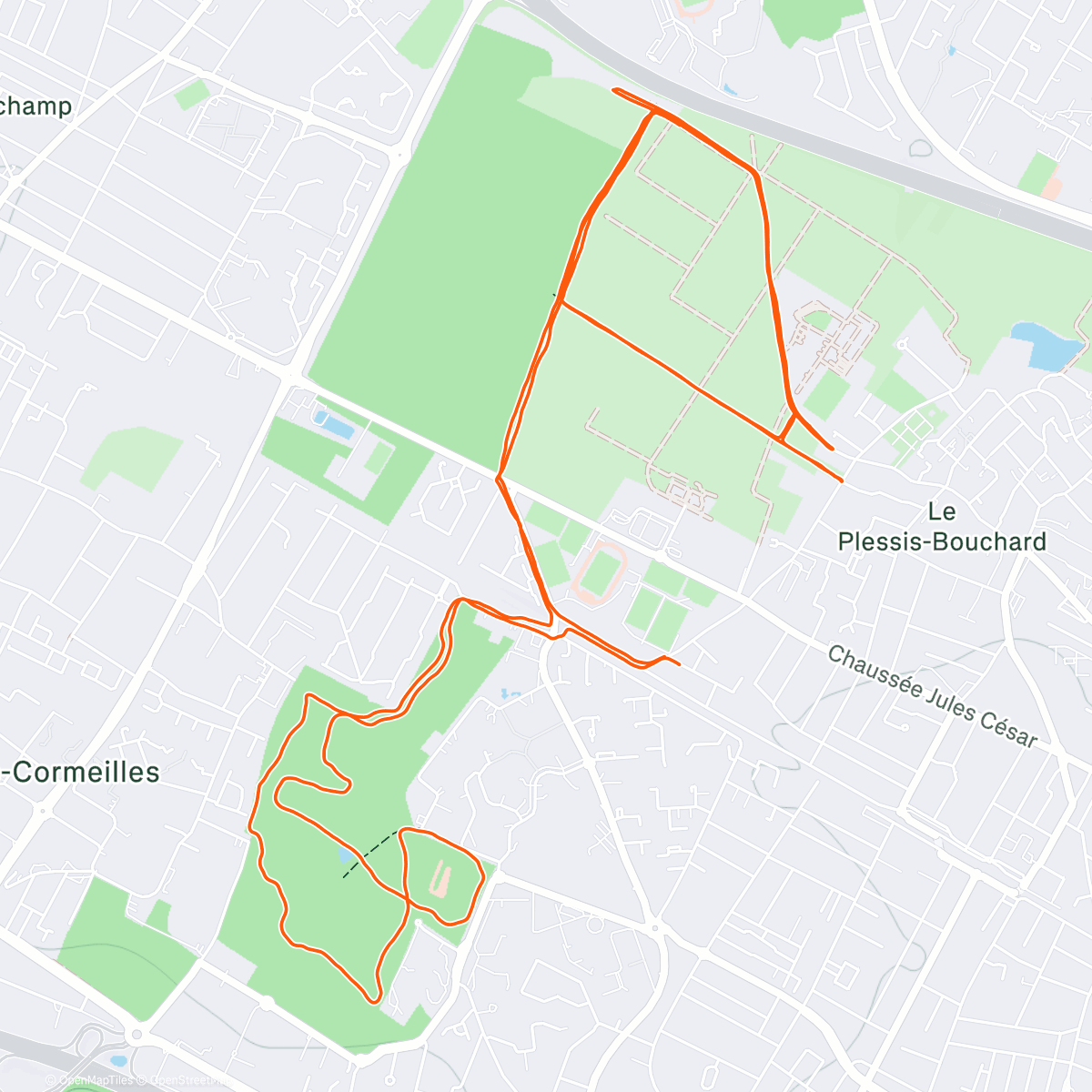Map of the activity, 6x15'' (côte allure 1500) + 6x4' (allure 10k🎅/r2') + 6x15'' (côte allure 1500)