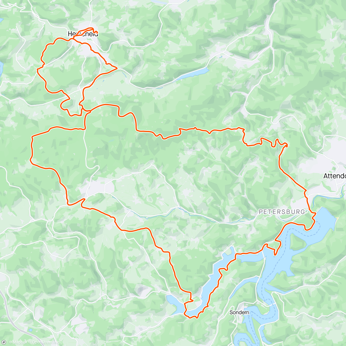 Map of the activity, Auf unserer Bike-MK Tour ging es heute von Herscheid über das Ebbegebirge zur Listertalsperre. Nach einer Pause an der Kalberschnacke fuhren wir vorbei am Biggesee, vorbei an Attendorn zurück über die Nordhelle zurück nach Herscheid.  Auf unserer heutigen