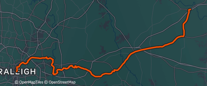 Day 12 route map: Raleigh, NC (Veterans Monument) to Outskirts of Spring Hope, NC
