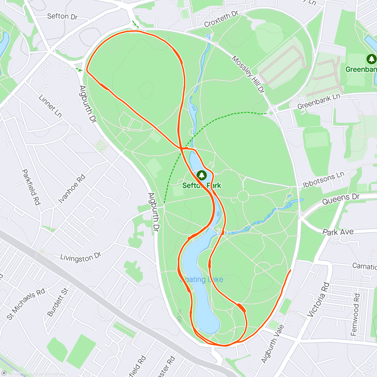 Map of the activity, Sefton Park Renegade ML inverted pyramid 4,3,2,1,30,30,1,2,3,4 with 1 min walk recoveries and CD. Av150