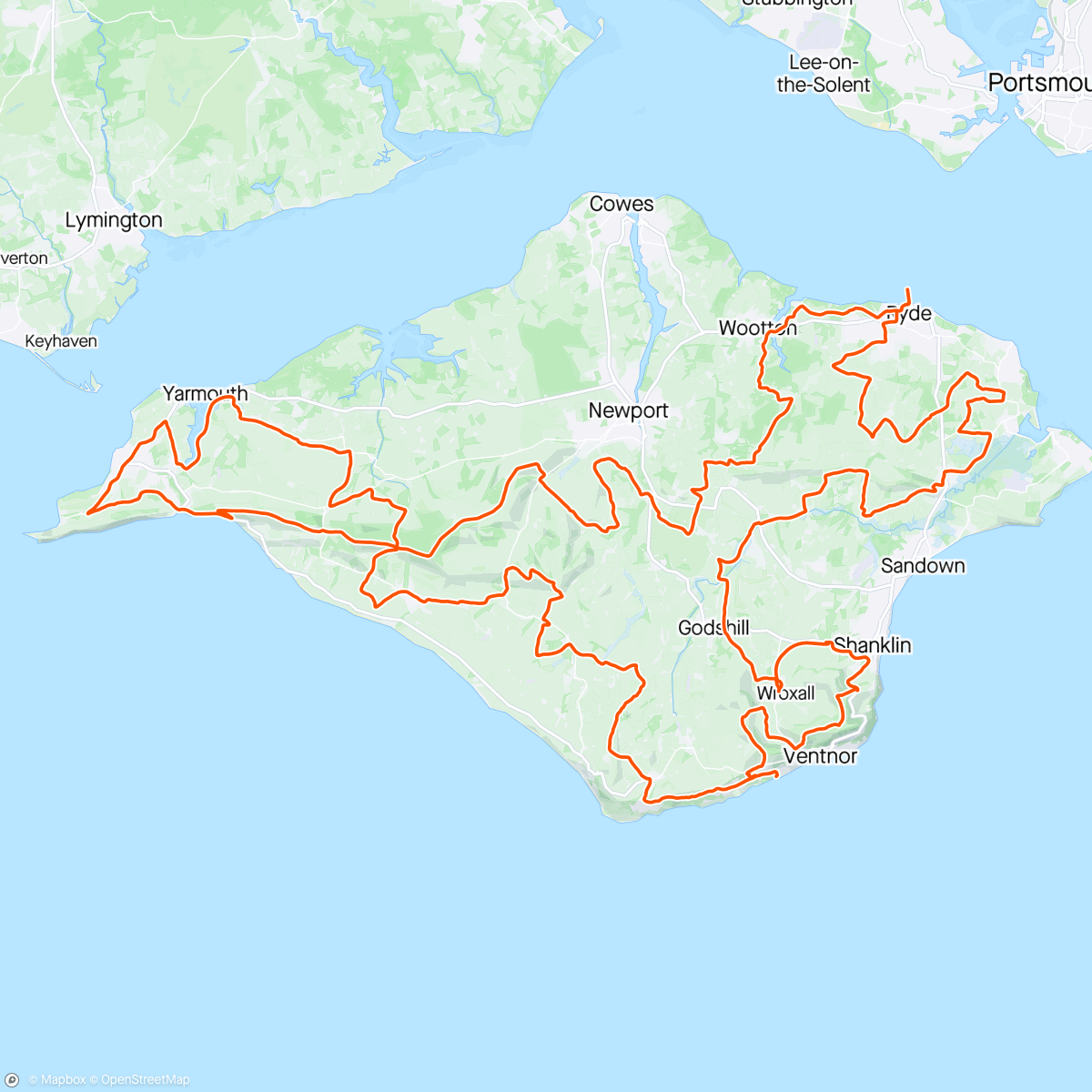 Map of the activity, WECC Fast group EPIC 100m IOW gravel ride in super conditions. Long day. Left the house at 5:30am and home at 9:30pm but just brilliant.
