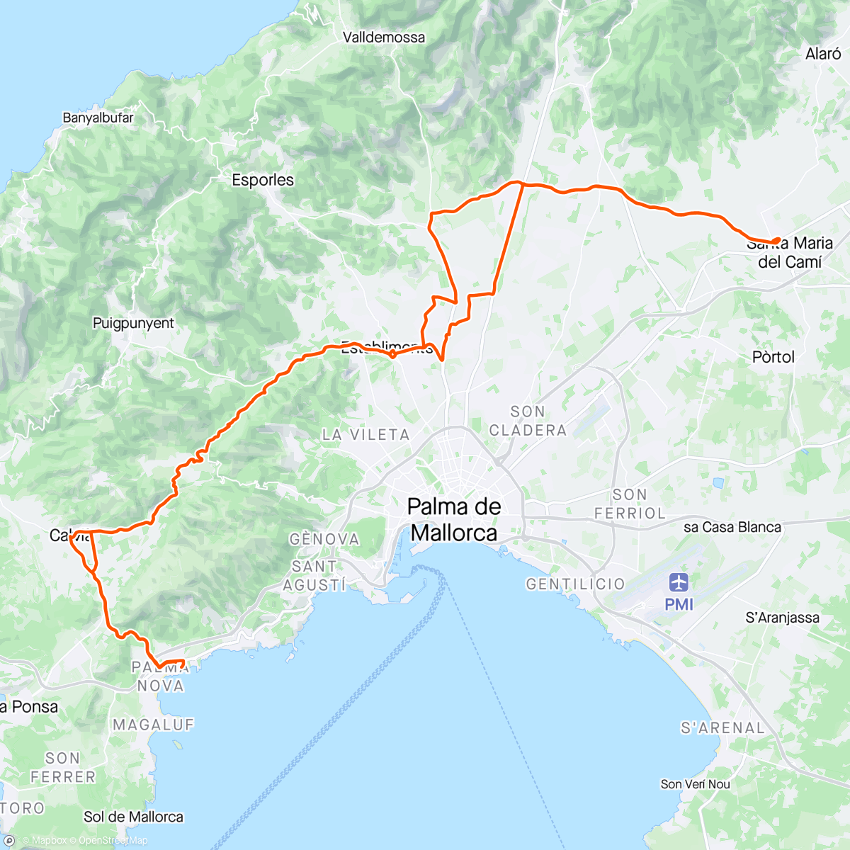 Map of the activity, Solo to Santa Maria- the flattest 80km route I can find out here- only 800 meters climbing