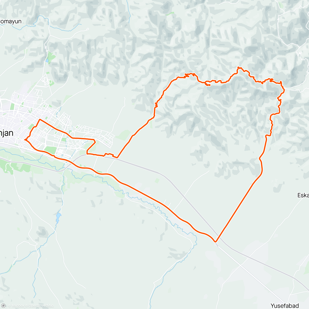 Kaart van de activiteit “Evening mountain Rideمسیر زیبای دوشاخ(قراول داغ )خان‌چایی وقله وچالش باد شدید”