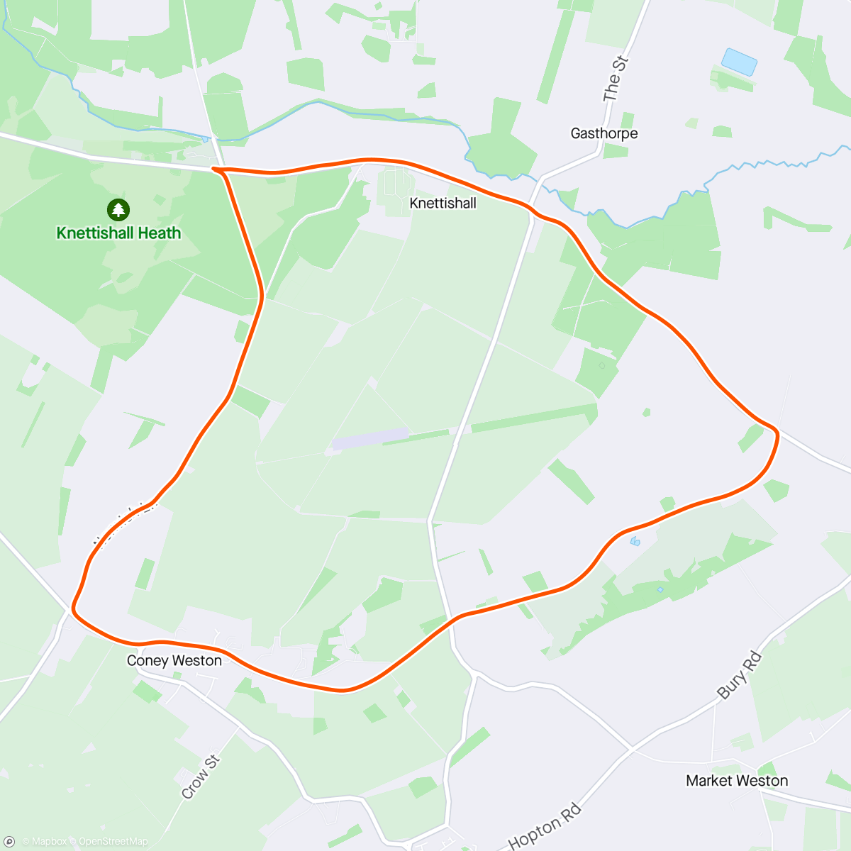 Map of the activity, 8am Sunday morning 10k+ loop round Knettishall, Hopton and Coney Weston.
First long run since Tarpley.
10k in 1:01, I’ll take that ⏱️