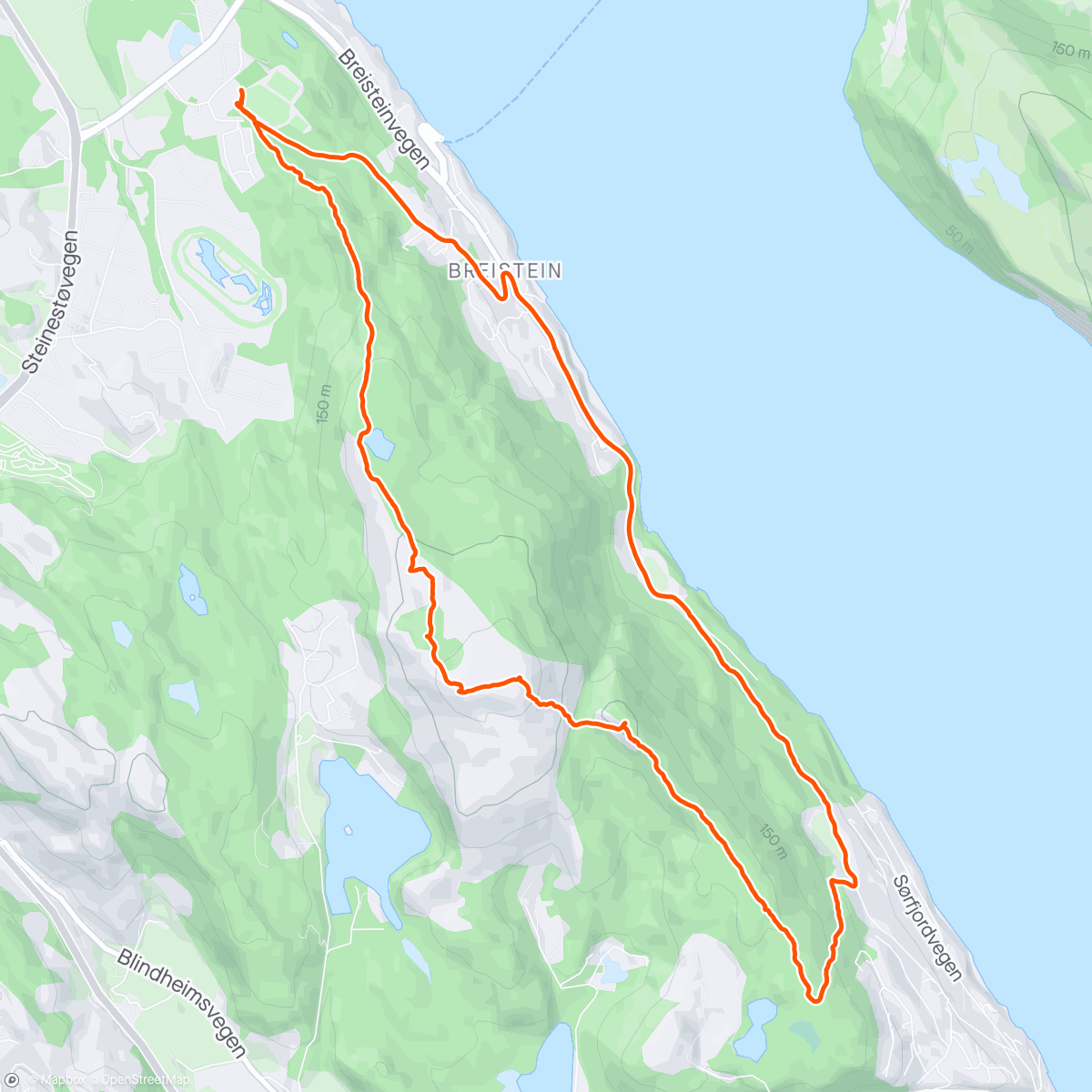 アクティビティ「Breistein - Ytre-Arna - Erviknipa - Breisteinfjellet/Hetlebakksåta」の地図