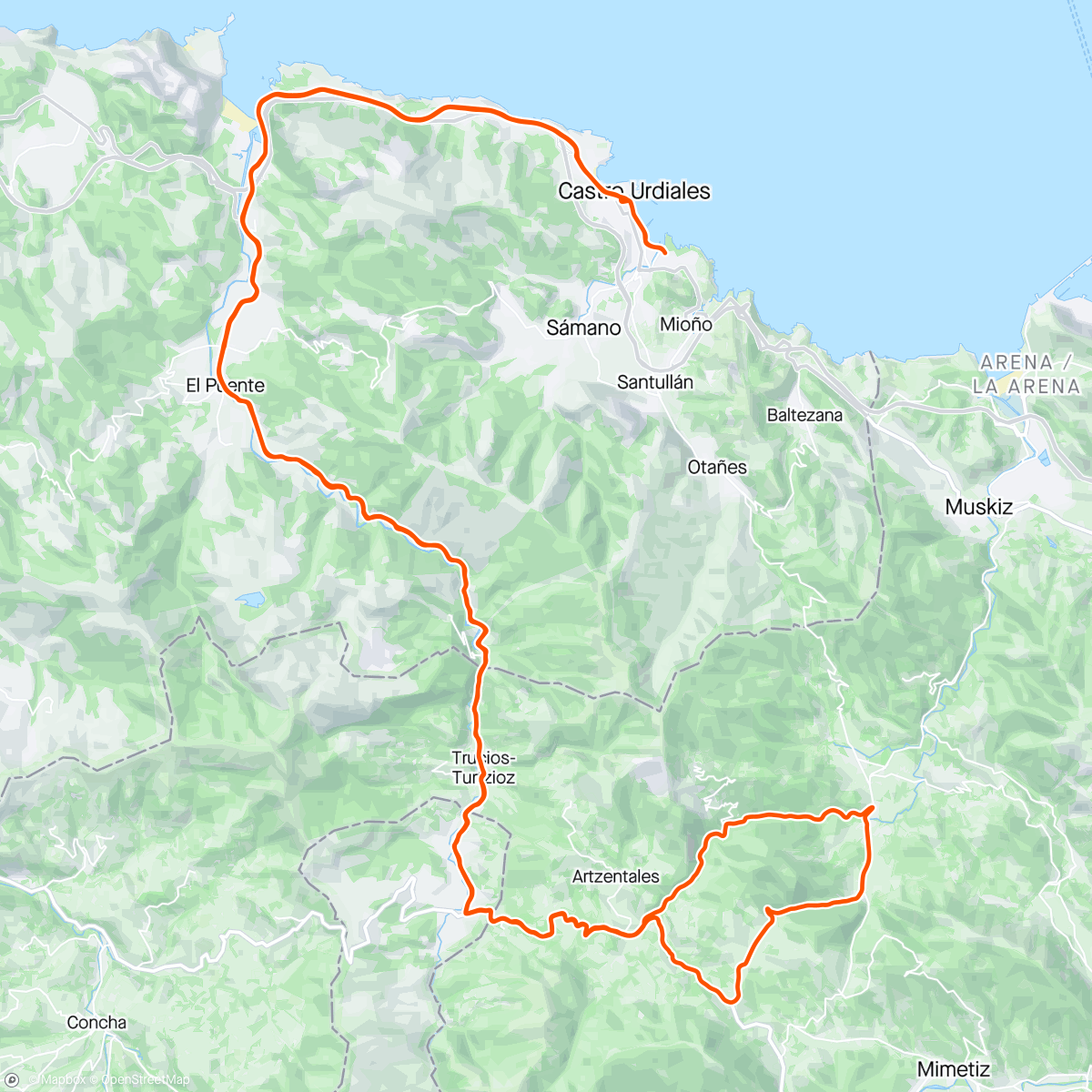 Map of the activity, Bicicleta por la mañana con la Tropa 🚴🚴🚴🚴🚴🌅 Castro Islares al ⛰️ Peso Olabarrieta Mercadillo ⛰️ Bezi Herbosa Arcentales ⛰️al Peso Trebuesto ☕🍪 Castro.