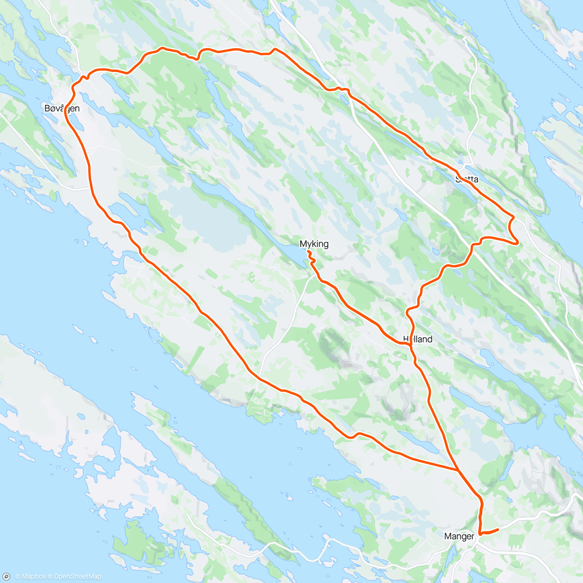 Mapa da atividade, 30km på landet med Elisabeth som coach på sykkel