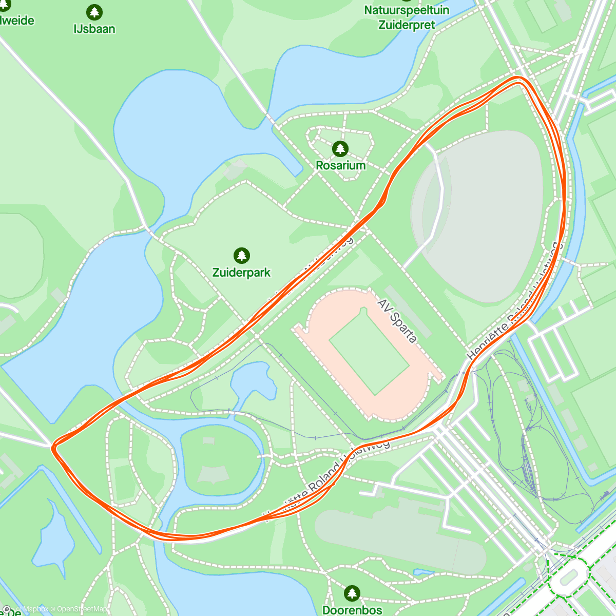 Map of the activity, Yah got my ‘Z’ Parkrun at Zuiderpark Den Haag in the pouring rain on a revised course at it was the King’s Birthday 👑