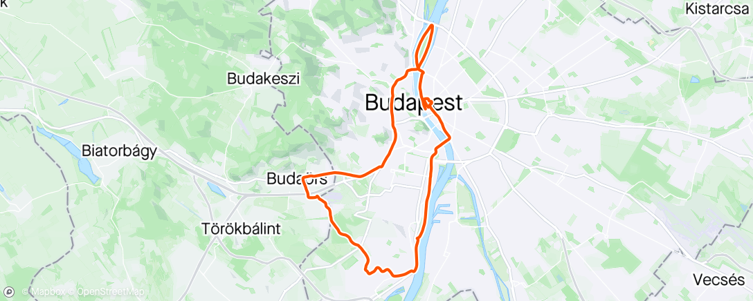 Map of the activity, Jogging around Budapest! Good to be home! I was slow but my garmin was really all over the place with my pace today.