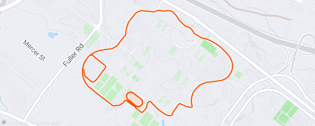 Mapa da atividade, 2mi warm up,striders and 3 out of the 6 proscribed 400s due to wasted legs 🥵🤬