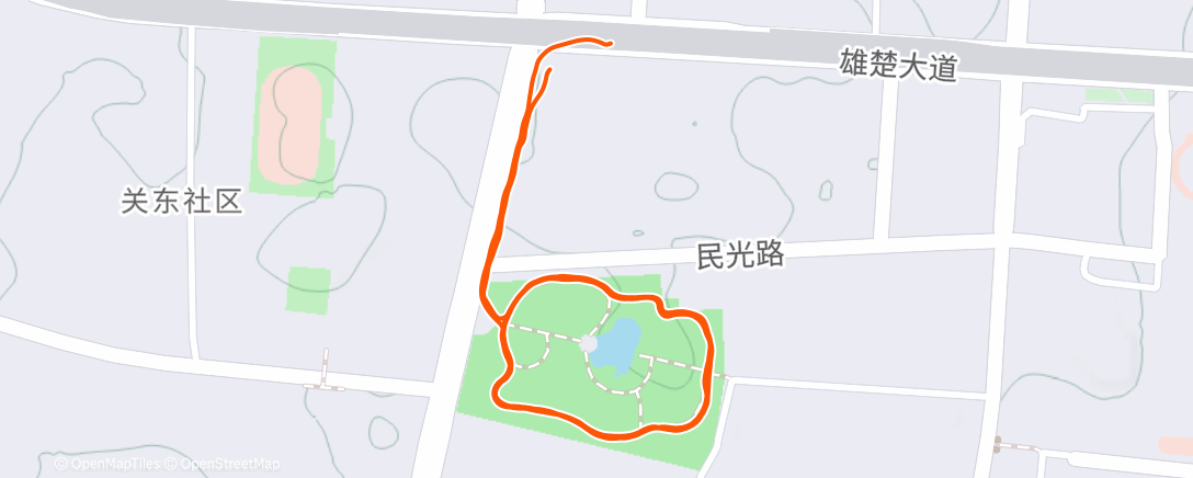 Map of the activity, 上午 跑步 7km 爬升 23m 用时 00:43:21 配速 06:11 心率 161.2 功率 241