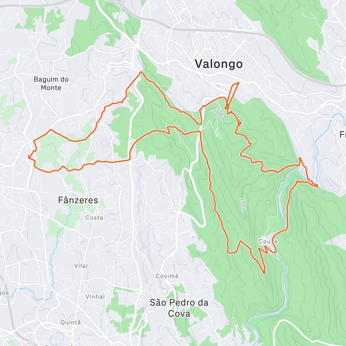 Map of the activity, Montezelo - Sanatorio Montalto - Silveirinhos - Couce - Fragas do Castelo - Fraga do Teto - Fojo das Valerias - Fojo das Pombas - Morcego - Senhora dos Chãos - Seixo