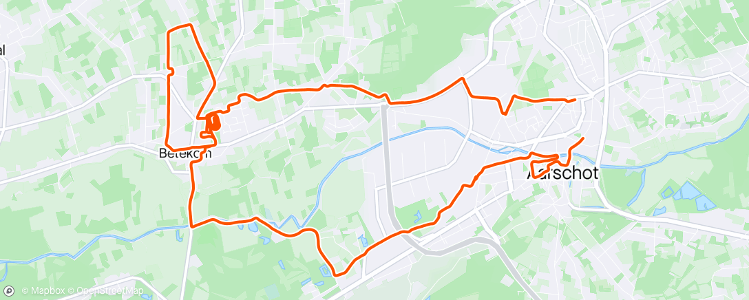 Map of the activity, ROBA A: - Aarschot => Tumkens.
- 20’ los + 4 versnellingen.
- 3x300(300) + 2x300(200) + 3x300(100) + 2x300 (30sec) 
- Tumkens => Elzenhof + verkenning Stratenloop Aarschot.
