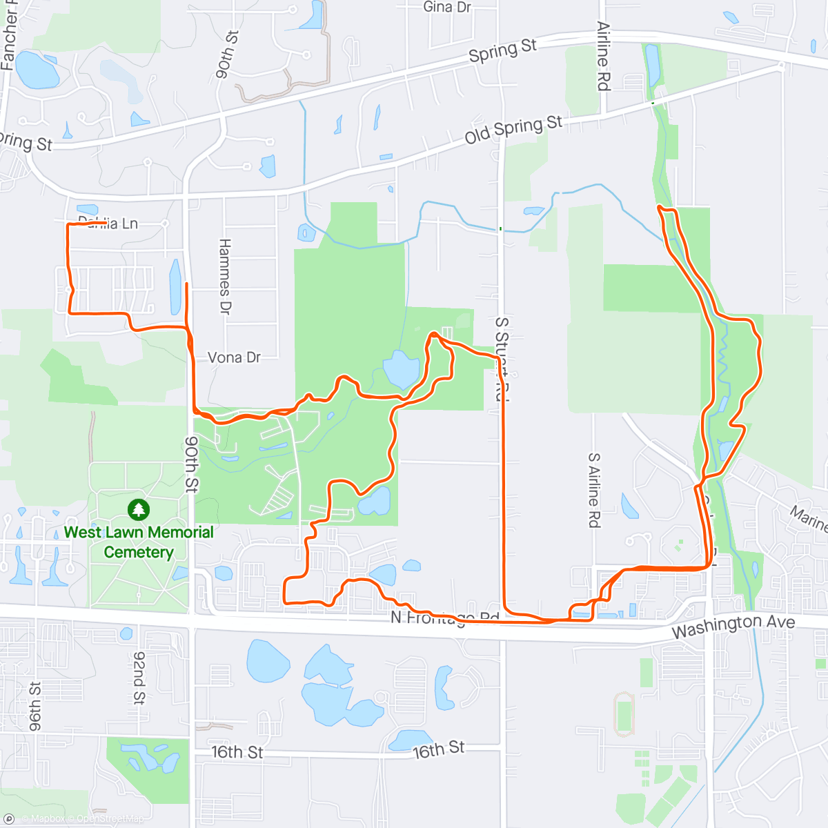 Map of the activity, Wednesday evening fat tire ride – 57° and 35 mile an hour wind gusts :-)