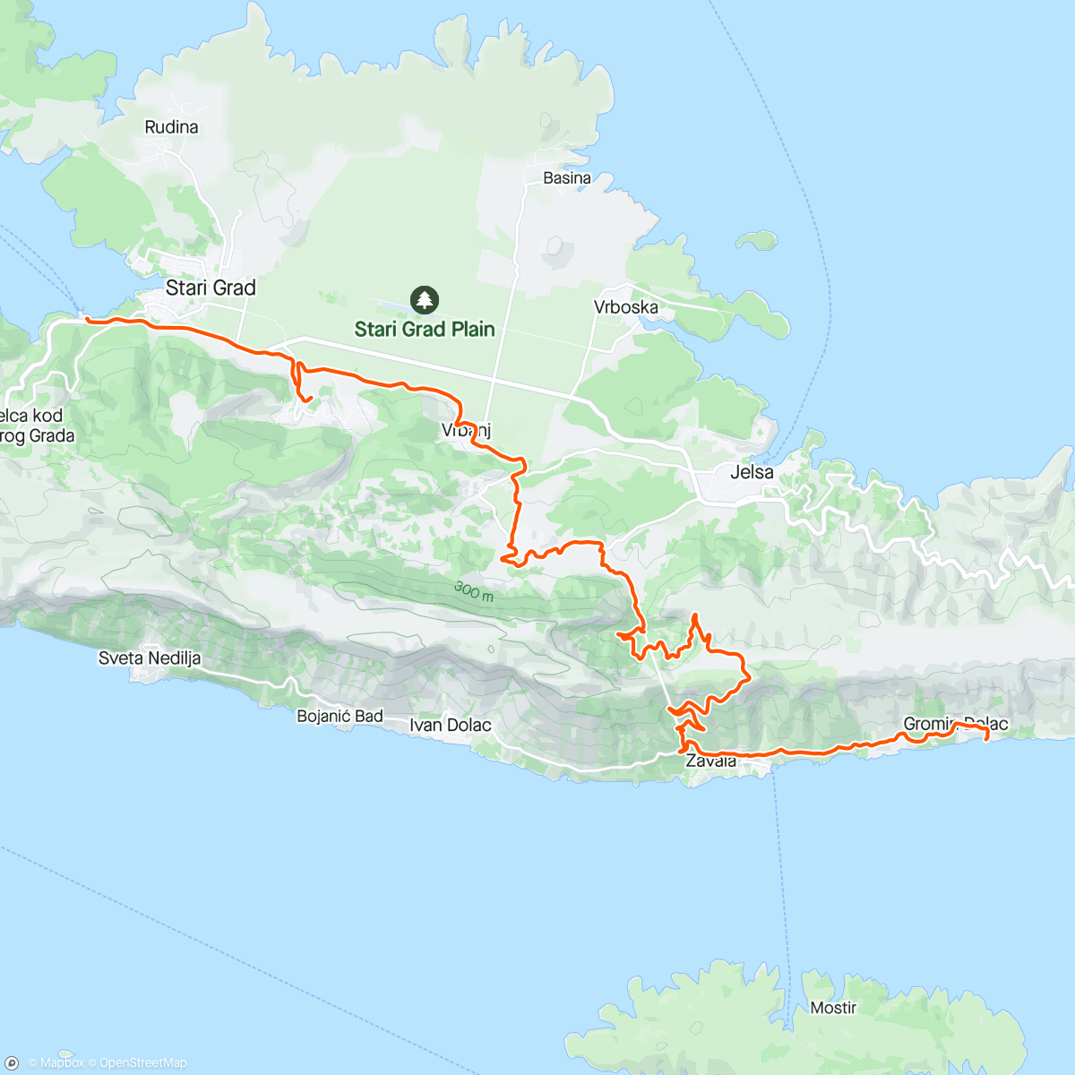 Map of the activity, Day 91: Hungover ride to Hvar, staying in a cool resort hostel for a couple of nights after a few days in Split. Cevapi 👌🏻