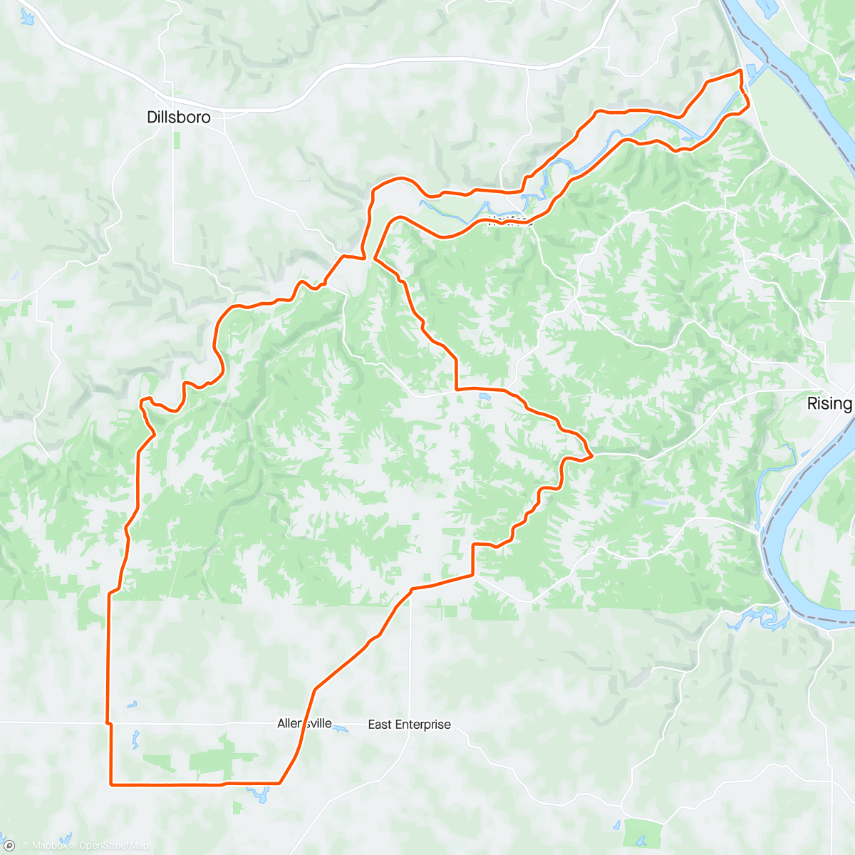 Map of the activity, Riding from Triple Whipple Bridge in Aurora, Indiana