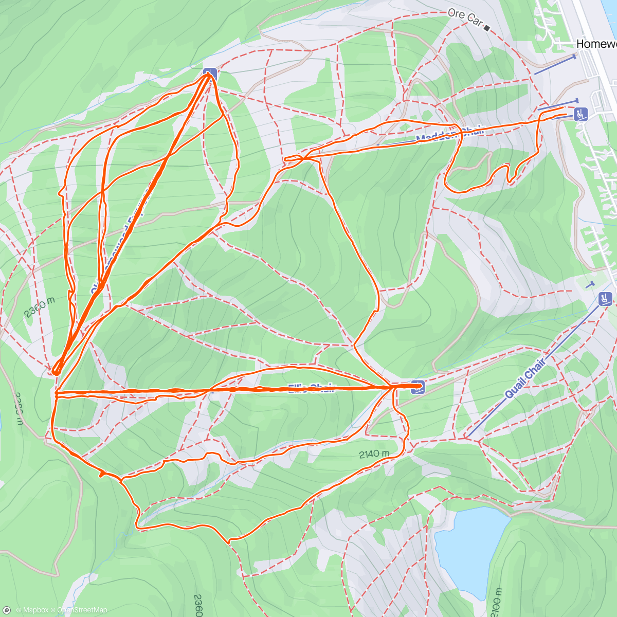 Map of the activity, Day 2 of snowboarding. Day 4 of pow. Spring Break 2024 comes to a close