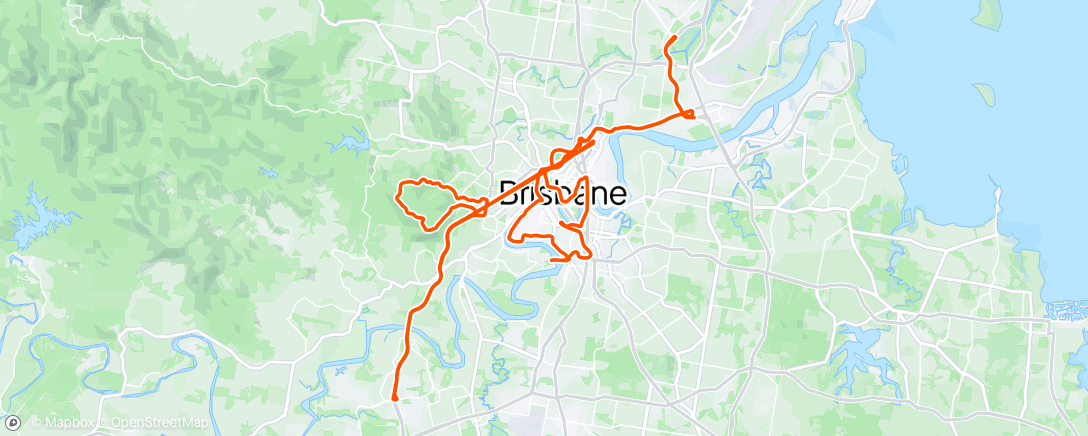 Map of the activity, Tour de Brisbane - minus tunnel time and distance , total should be 110k and time 3hrs:46min  I'll remember this next time and use a sensor!