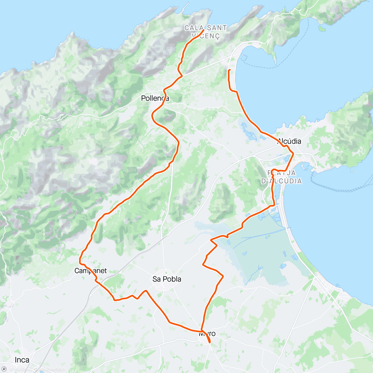 Map of the activity, Majorca - gravel, flats, hills, to Cala San Vincent.
