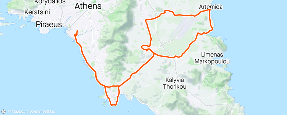 Map of the activity, N.Smyrni-Varis Korwpiou-Korwpi-Artemida-Spata-Paiania-Korwpi & back Ride