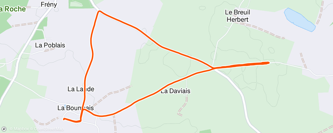 Map of the activity, Fractionné court 10x 1 min a 4"20, avec 45 secondes de récupération, moitié des répétitions avec le vent pleine face.