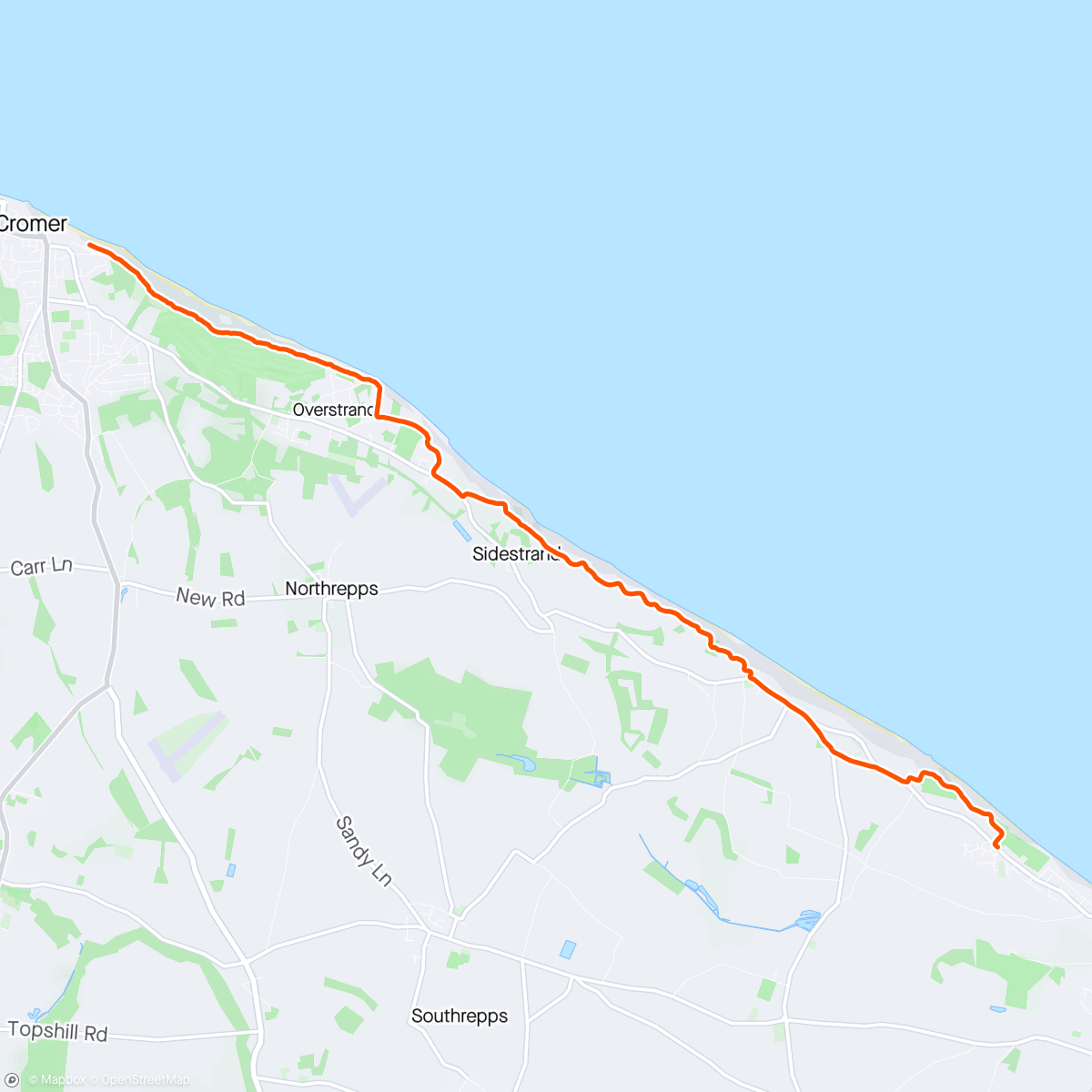 Map of the activity, Walk to Cromer with 16kg kid on my back