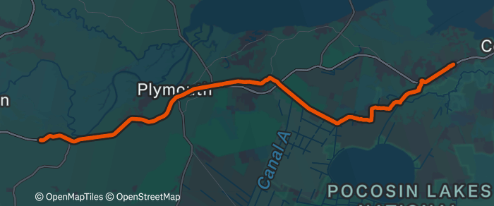 Day 15 route map: Outskirts of Jamesville, NC to Outskirts of Columbia, NC