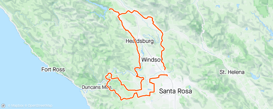 Map of the activity, Raining 100 mile Wine County Century in just under 6 hours and 30 minutes; no drafting and slow/wet/leafs on descents; Garmin went dead at mile 97!😡😡😡😡