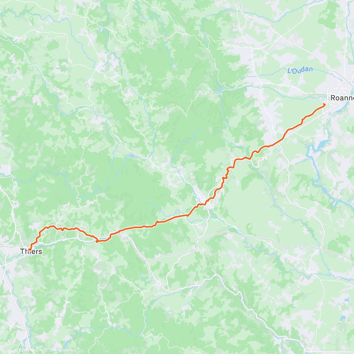 Map of the activity, 🌙👣 Roanne ➡️ Thiers (💯🎂)