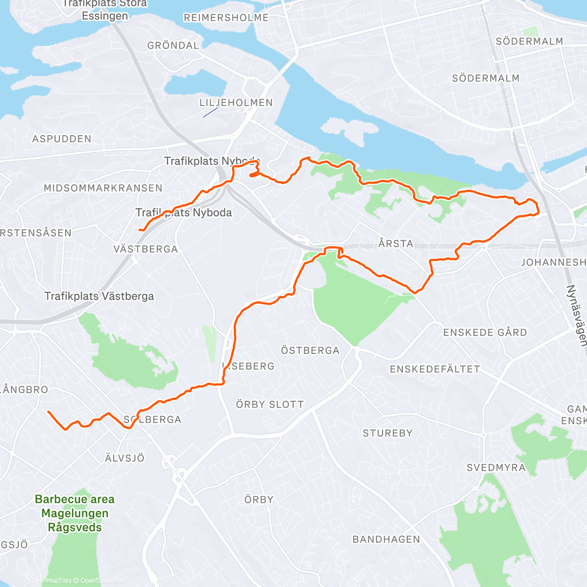 Карта физической активности (På skrå i årstaskogen och sedan längs cykelvägarna hemåt från gullmarsplan)