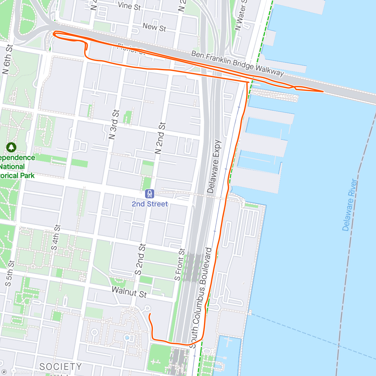 Map of the activity, Benjamin Franklin Bridge run