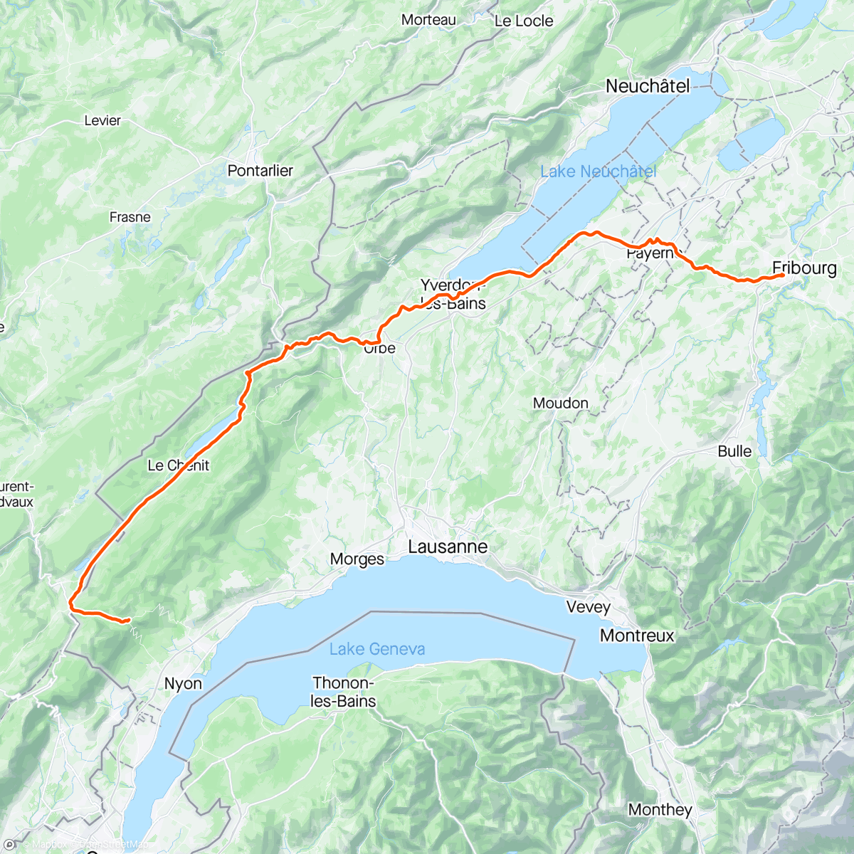 Map of the activity, St-cergue -> Fribourg c'est la canicule! 28 degrés au col de la givrine.