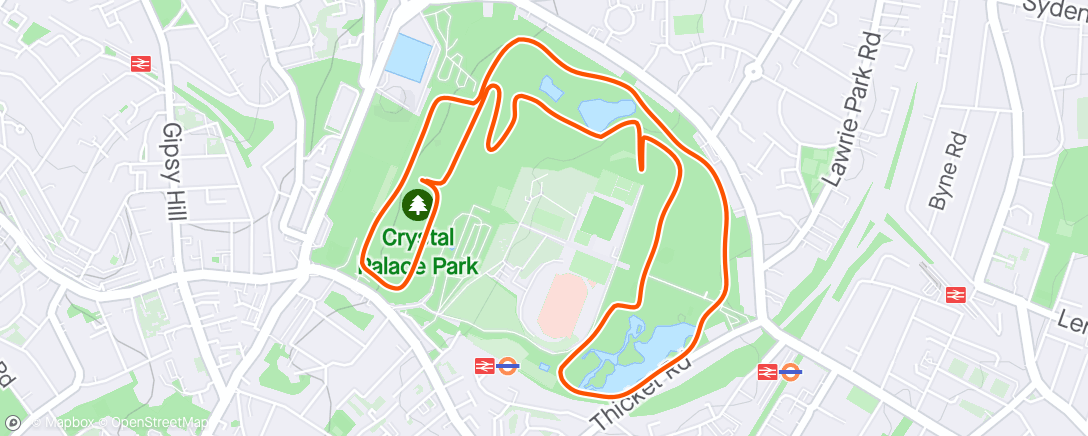 Map of the activity, Crystal Palace 5k: course PB. Definitely not as muddy as last time.