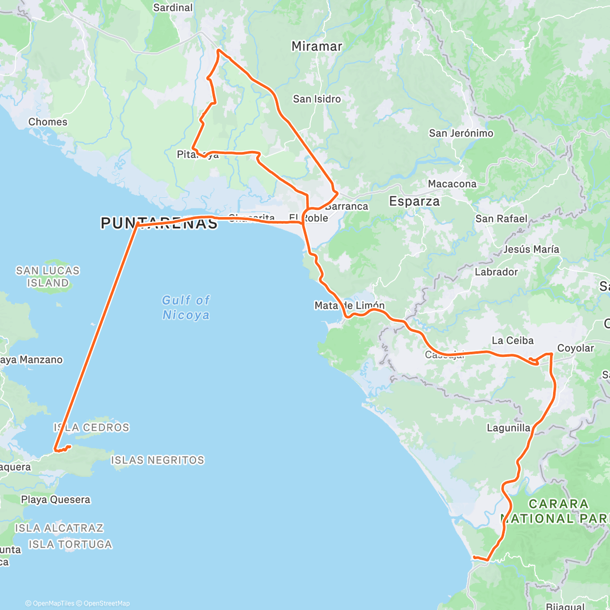 Map of the activity, CostaRagua - Day 3 - Dead end & dog, rescue centre & ferry ride