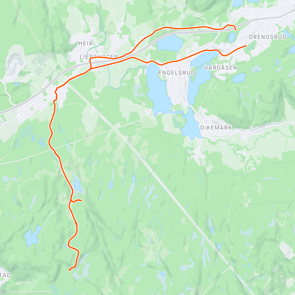 Map of the activity, Grustur i Kjekstadmarka. Fremdeles snø vi veien.