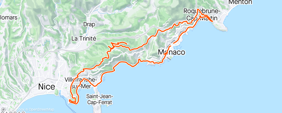 Karte der Aktivität „Roquebrune - LaTurbie - Col d’Eze - Grande Corniche - montBoron - NicePort - Villefranche - St.Laurent d’Eze - Moyenne Corniche”