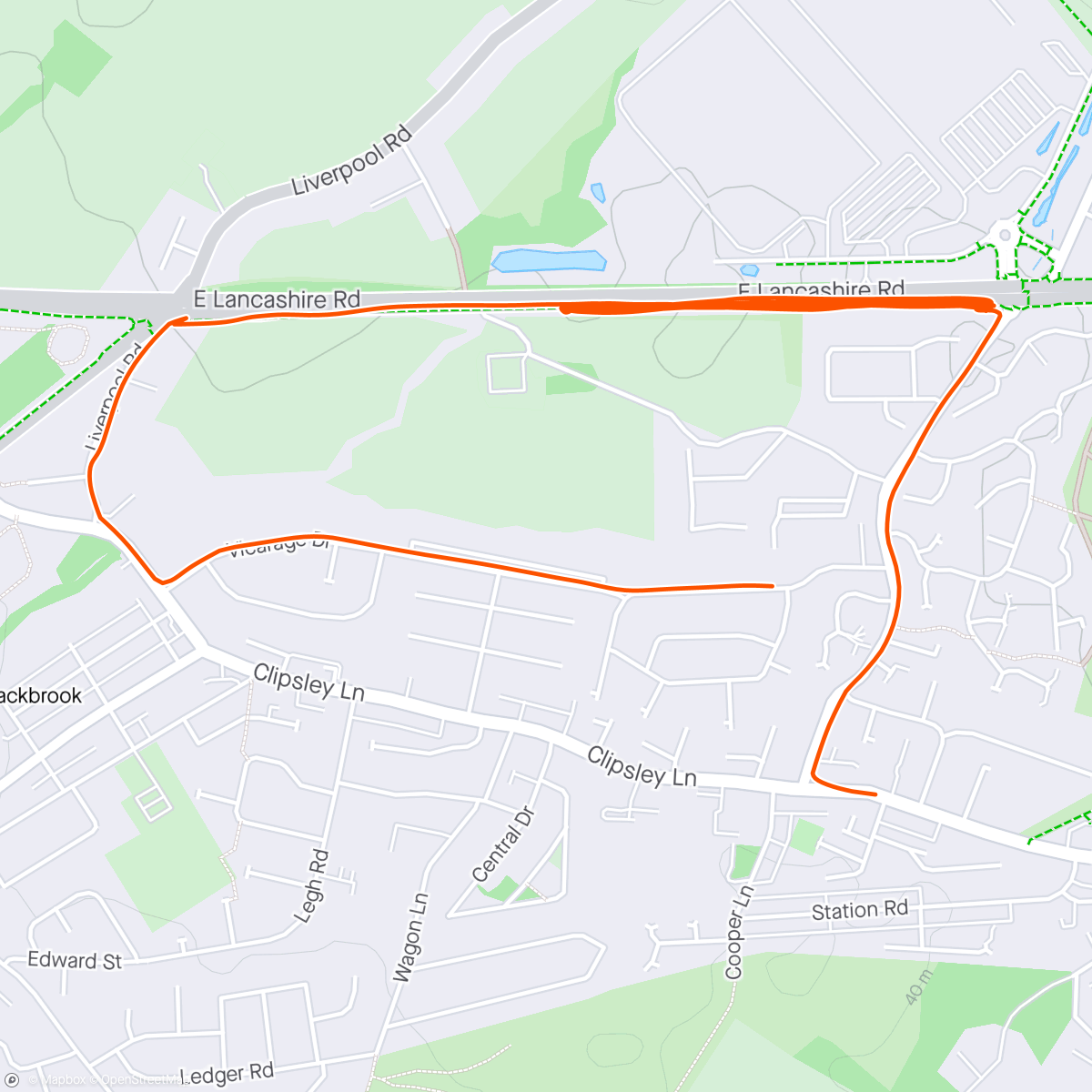 Map of the activity, Striders A Group session: Intervals - WU, 12 x 2 mins @ 5K pace off 90 secs static recoveries, WD.