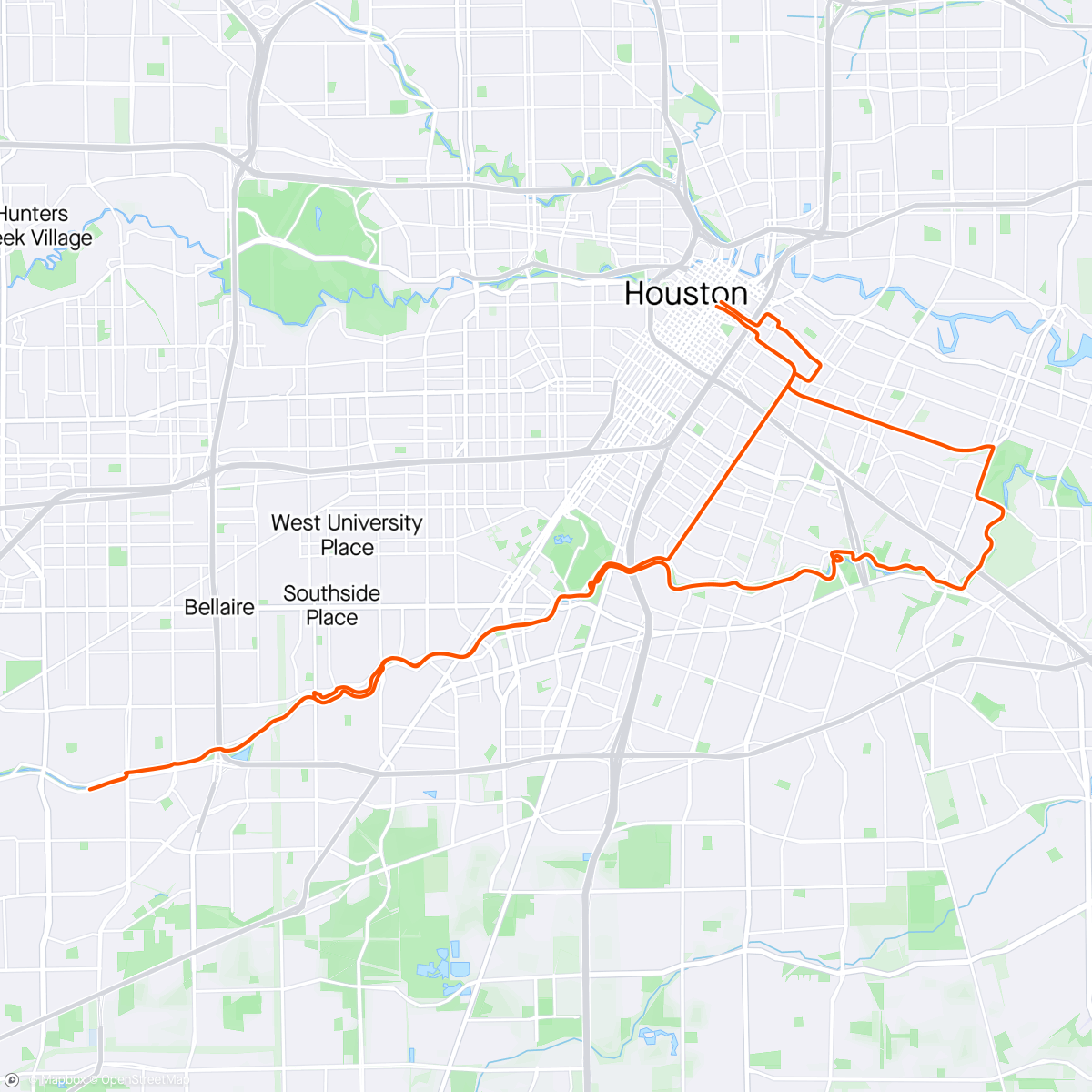 Map of the activity, Polk->Brays Bayou->Columbia Tap->Equal Parts Brewery-> back to apartment