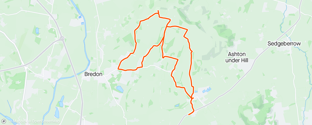 Map of the activity, Up pigeon lane, up Overbury climb, down Westmancote then up Bells Castle climb