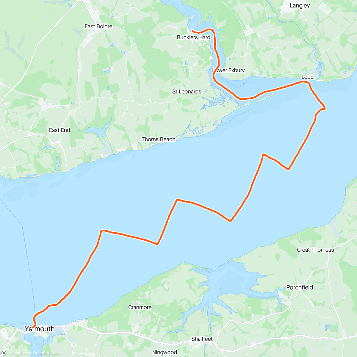 Map of the activity, Spring Rally aboard Romanza day 2, Yarmouth to Bucklers Hard