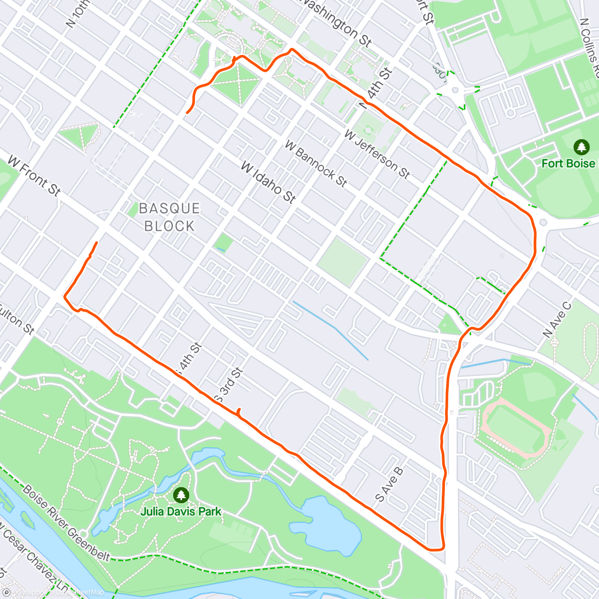 Mapa de la actividad (5:30 AM run downtown - 34°)