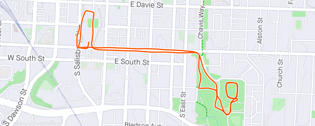 Map of the activity, Morning Run, Cloudy 58F, Downtown Raleigh NC/John Chavis Memorial Park