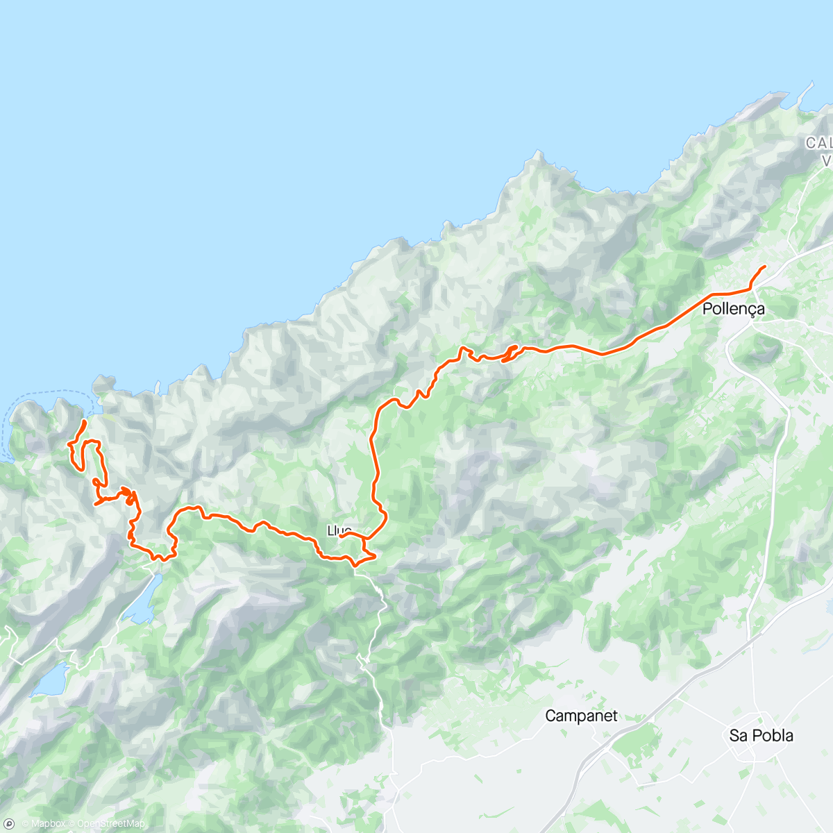 Mapa da atividade, Majorca Day 6: short but tough climbing! Col de Femina and Sa Calobra. Cake at Lluc.