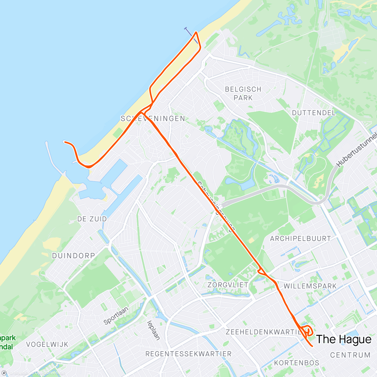 Map of the activity, Sightseeing run from Den Haag to the beach with John