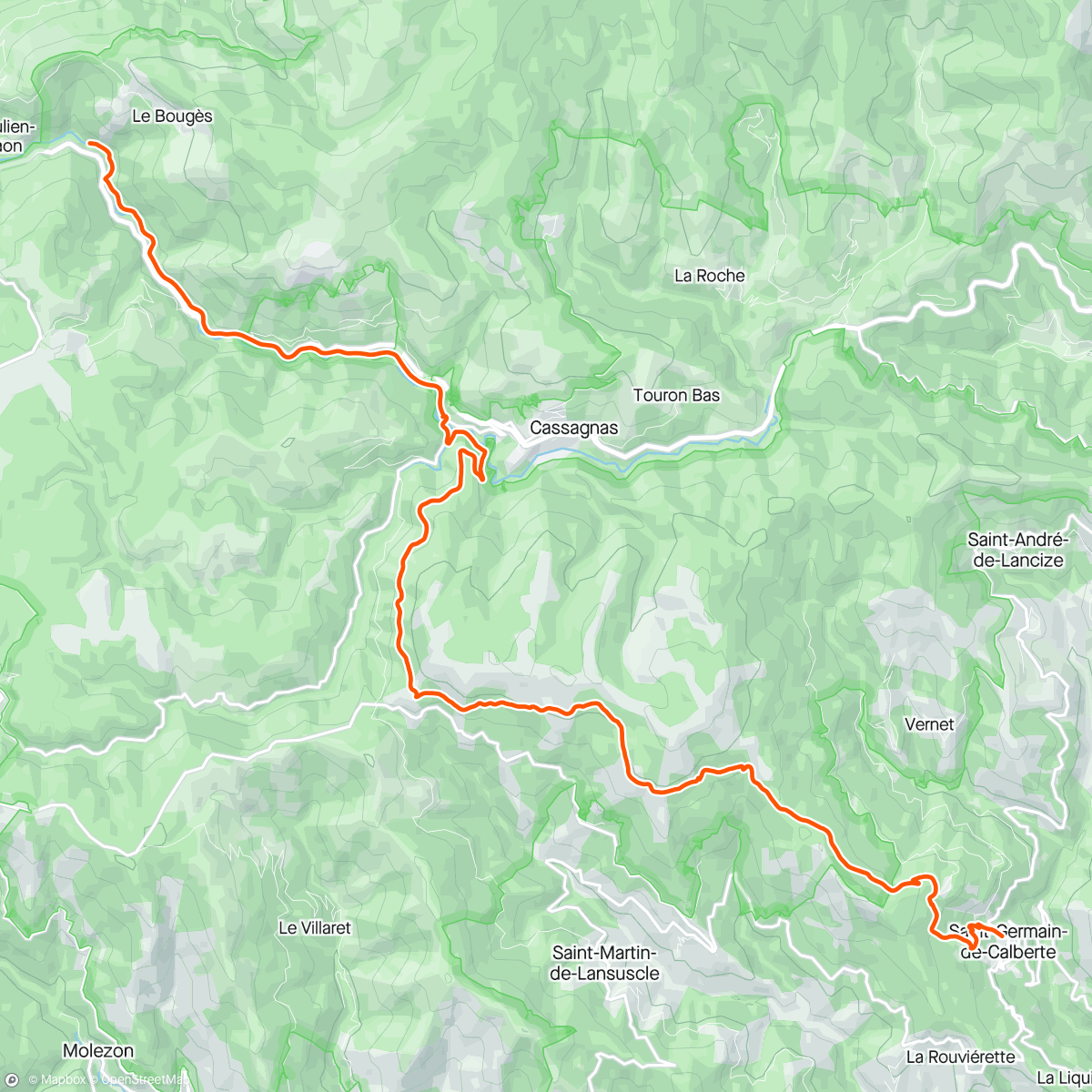 Map of the activity, Stevenson : Saint Julien d'Arpaon - Saint Germain de Calberte + 5 km
